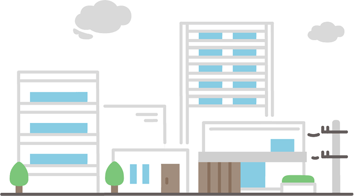 マンションや建物が並ぶ街並みのイラスト