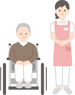 車椅子に乗った高齢者と施設スタッフのイラスト
